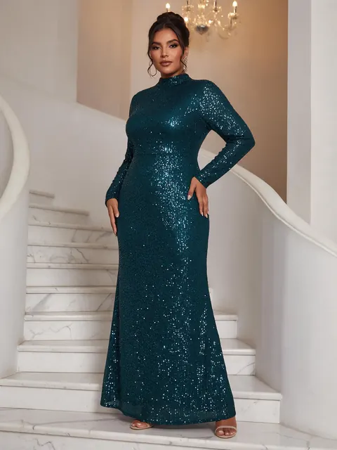Teal sequin evening gown: AI-generated full-body image of a deep teal sequin gown on a marble staircase