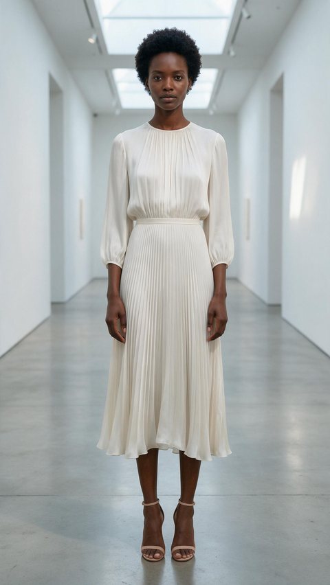 Silk pleated dress, gallery: AI-generated model clip of an ivory pleated silk dress in an art gallery corridor