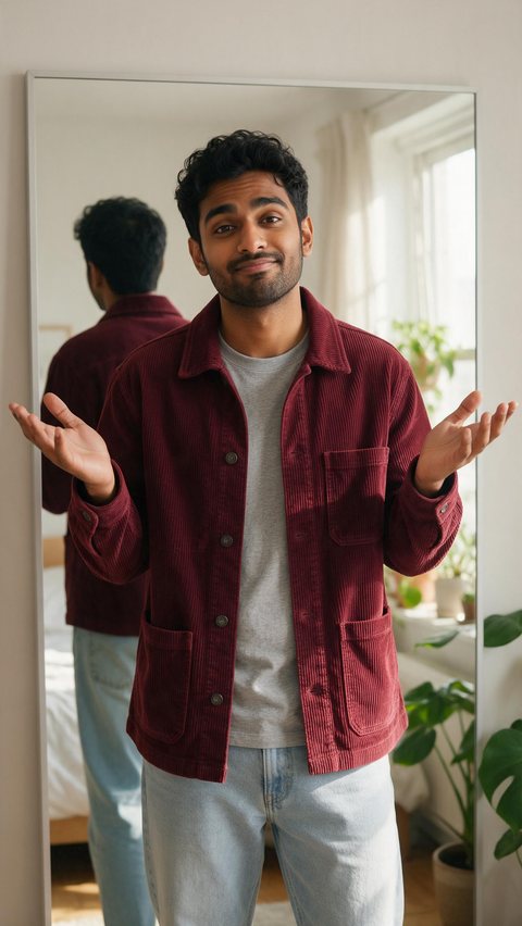 Corduroy chore jacket try-on: AI-generated try-on clip of a burgundy corduroy chore jacket in a bedroom