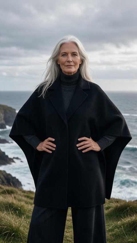 Wool cape coat, cliff top: AI-generated editorial clip of a black wool cape coat on a windy coastal cliff