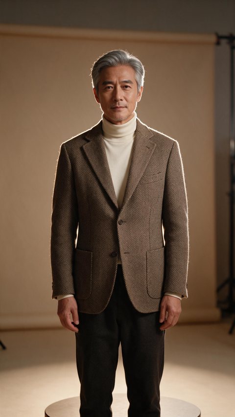 Tweed blazer studio turn: AI-generated studio clip of a herringbone tweed blazer on a rotating platform