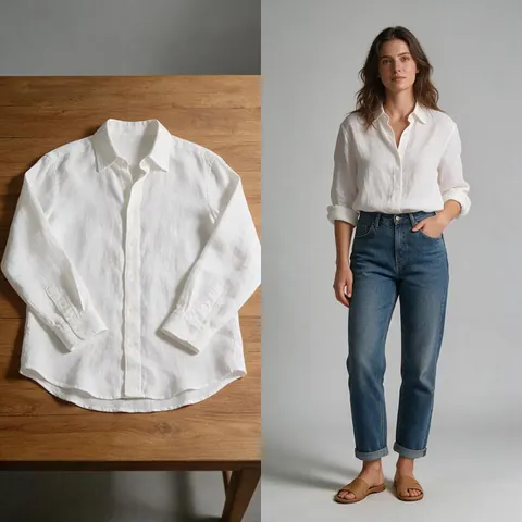 A white linen shirt shown flat and on a fictional AI model