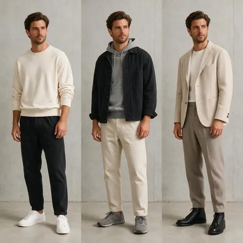 One fictional AI model wearing three outfits from the same capsule collection