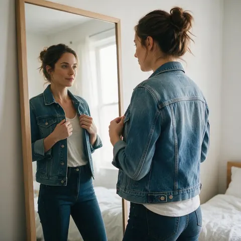 Fictional AI model turning in a mirror in a denim jacket, try-on style