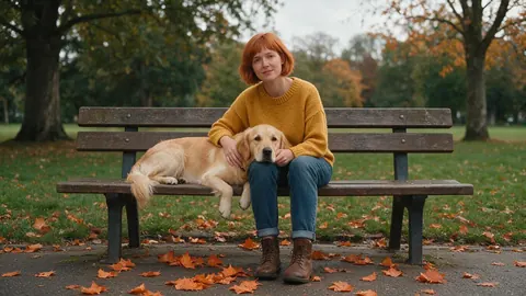 Photo of a woman on a park bench in autumn with her golden retriever (before)