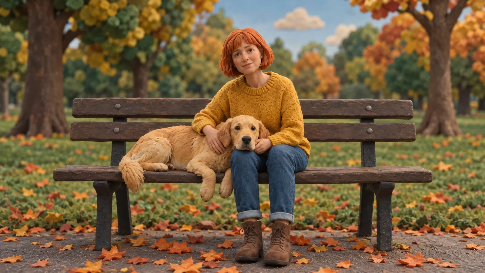 Photo of a woman on a park bench in autumn with her golden retriever (after)