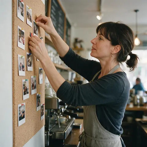 Café owner pinning photo prints to a cork wall