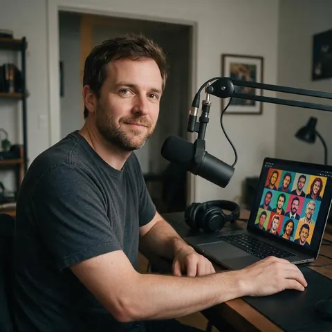 Podcast host comparing stylised portraits on a laptop
