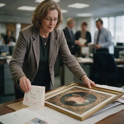 Organiser arranging a farewell card and a framed portrait print