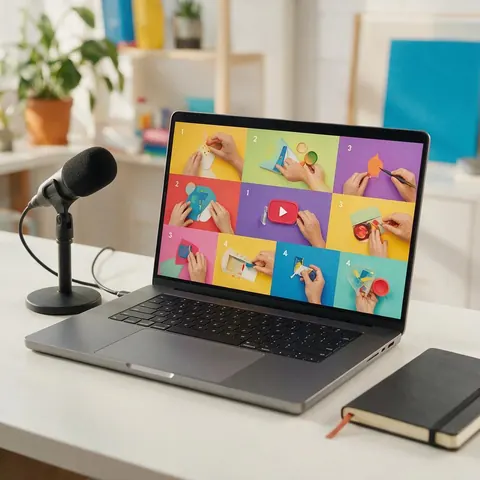 Laptop playing a tutorial next to a desk microphone and notebook