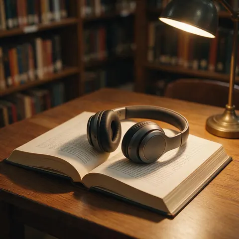 Open book with headphones resting on it under warm lamp light