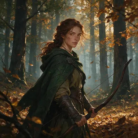 Original adult ranger heroine in a green cloak in an autumn forest