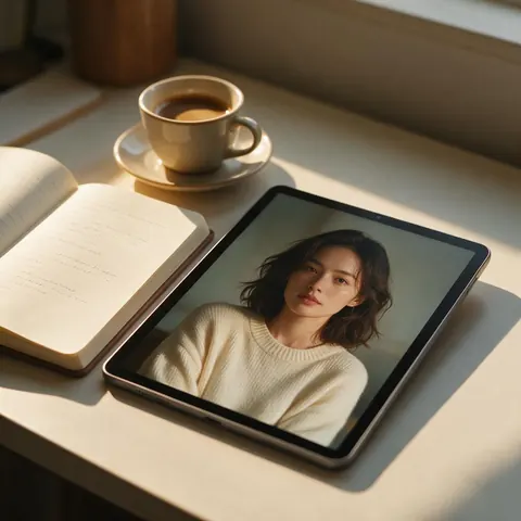Notebook beside a tablet showing a character portrait