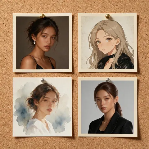 Four portrait cards of one character in different styles on a cork board