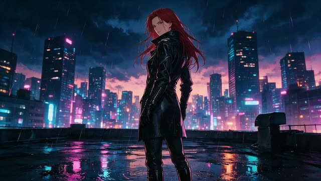 Anime rooftop start image coming to life as she turns and the neon flickers