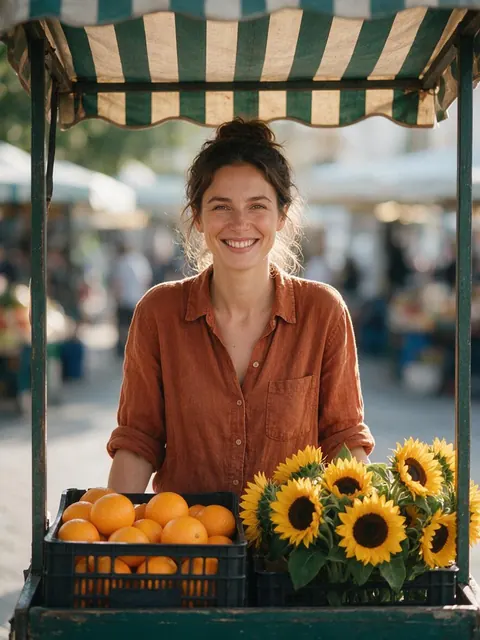 Portrait photo of a woman at a market stall — try expanding it
