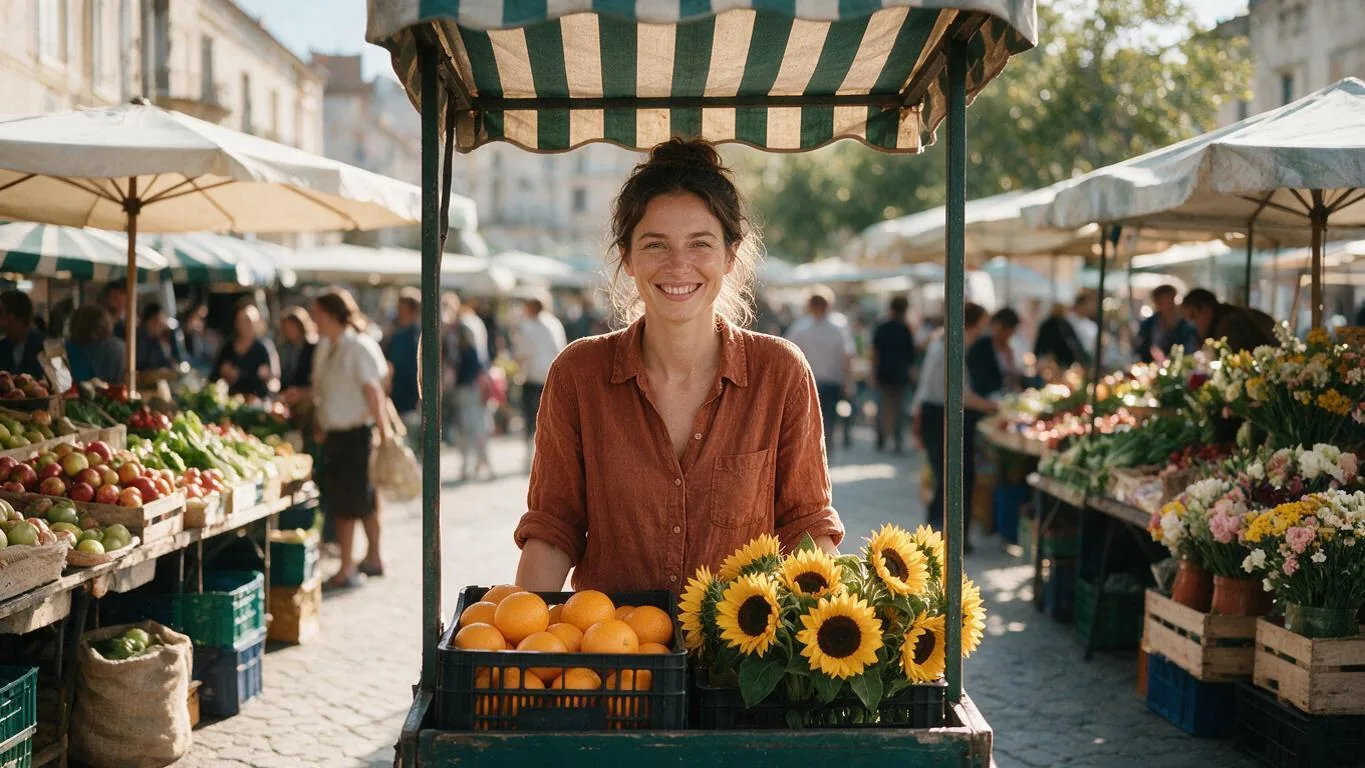 Original 3:4 photo of a woman behind a fruit and flower market stall, tightly framed at the sides (after)