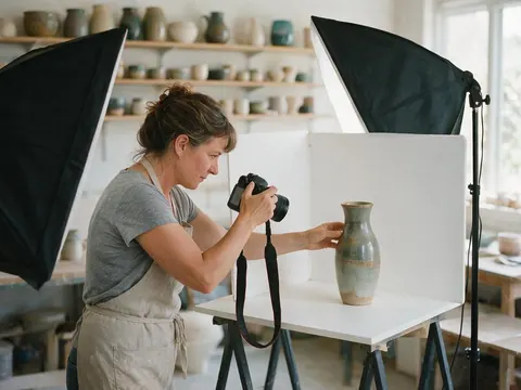A woman photographing a ceramic vase on a small white tabletop studio set in a bright workshop