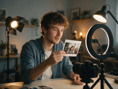 A young man at a desk in a home studio with a camera and ring light, looking at a printed photo