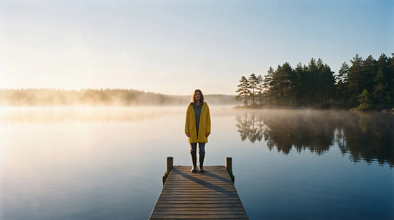 Square photo of a woman in a yellow raincoat on a misty lake pier at sunrise (after)