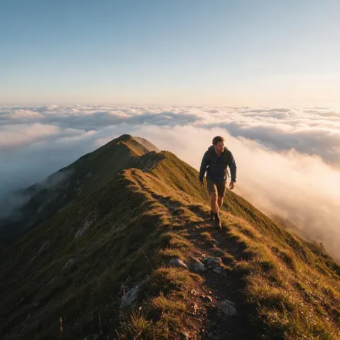 Wide photo of a hiker on a ridge above the clouds