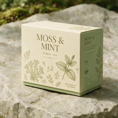 Tea box packaging mockup with botanical illustrations