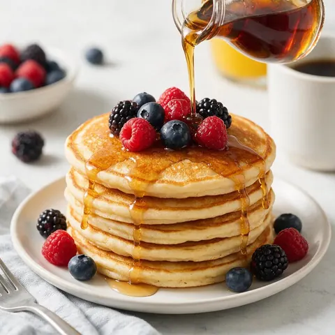 Stack of pancakes with berries and syrup being poured