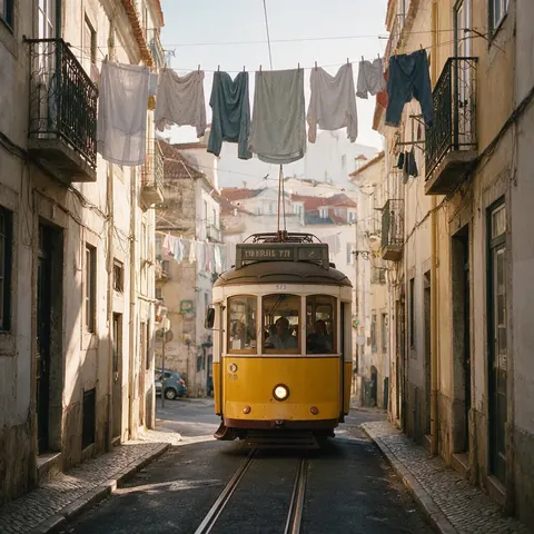 Narrow old-town street with a yellow tram in afternoon sun