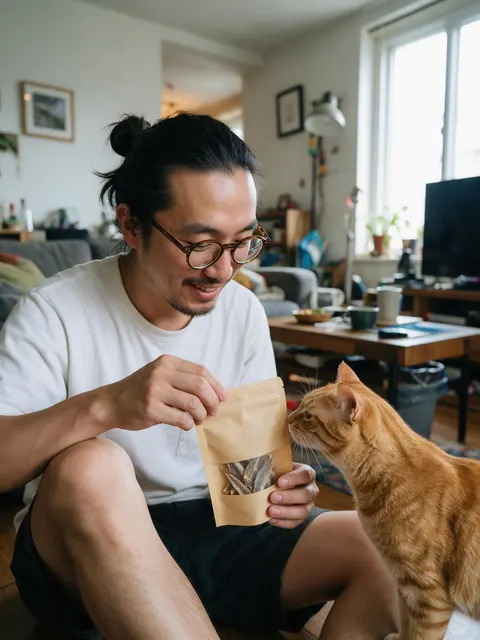 Pet creator treat post: AI-generated influencer post: a creator shares pet treats with his cat
