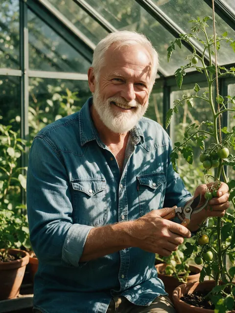 Gardening creator greenhouse: AI-generated editorial influencer post: a gardener with pruning shears