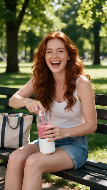 Smoothie creator park blend: AI-generated influencer post: a creator using a portable blender outdoors