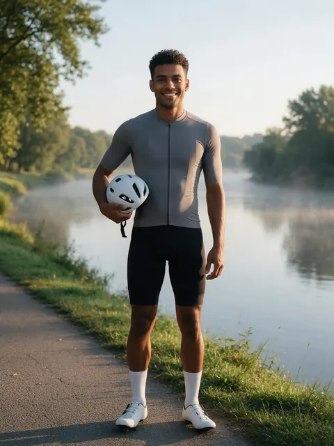 Cyclist creator helmet post: AI-generated natural-light influencer post with a cycling helmet