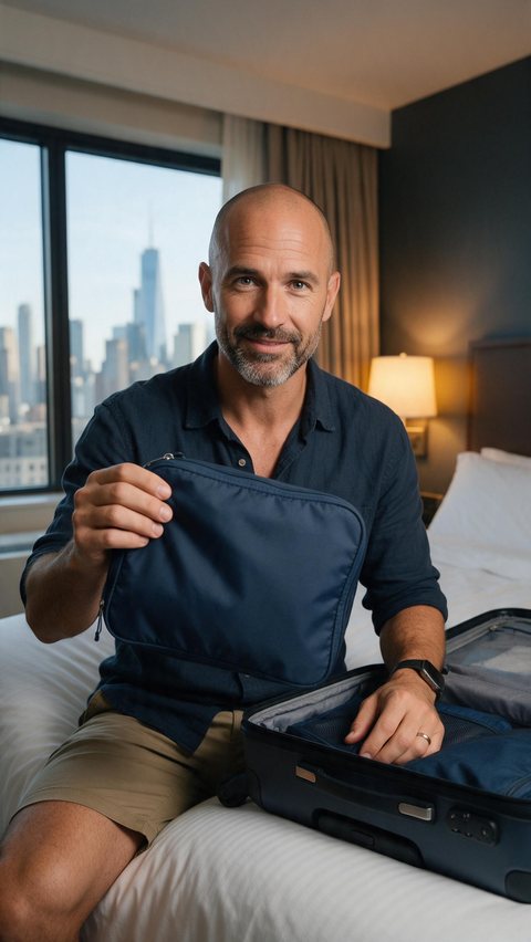 Travel creator packing cubes: AI-generated influencer clip: a travel creator shows packing cubes in a hotel room