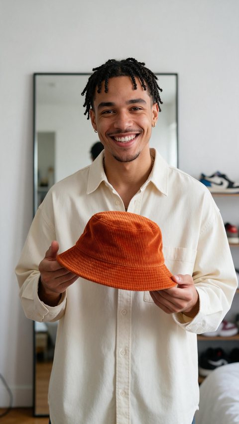 Street-style bucket hat try-on: AI-generated influencer clip: a style creator tries on a bucket hat in a mirror