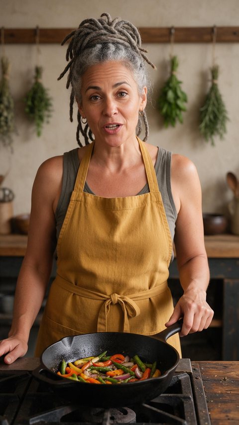 Home cook skillet presenter: AI-generated presenter clip: a cooking creator talks over a sizzling skillet