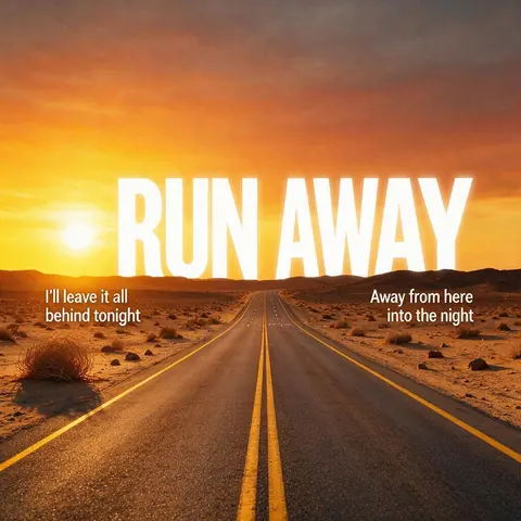 Bold lyric words over a sunset desert highway, a kinetic typography frame