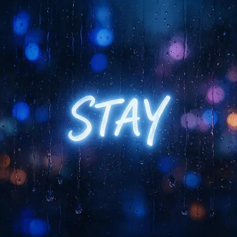 Handwritten-style lyric word glowing over a rainy neon window