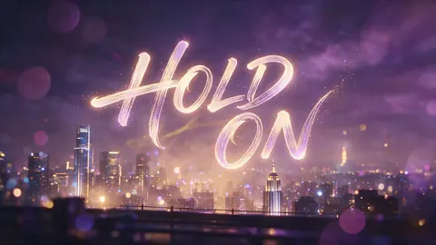 Lyric video frame with glowing words floating over a night city skyline