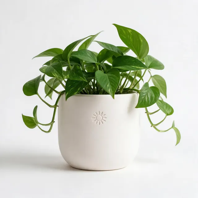 Ceramic planter stamp mockup: AI-generated mockup: a ceramic planter stamped with a simple sun symbol on white