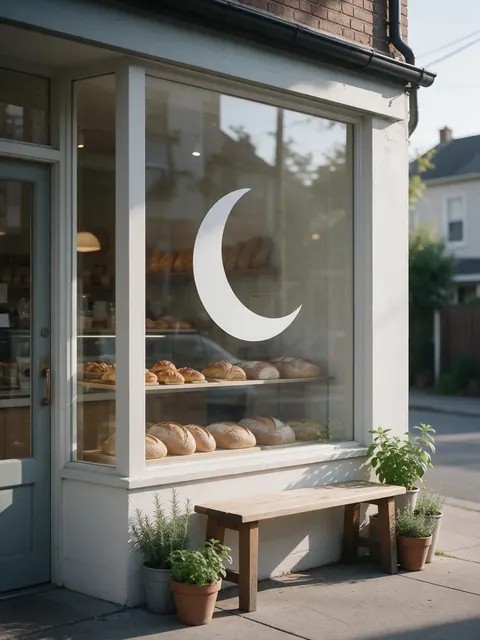 Shop window decal mockup: AI-generated mockup: a crescent symbol decal on a small bakery shop window