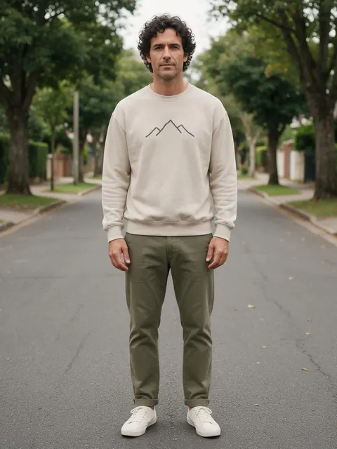 Sweatshirt print on-model mockup: AI-generated clothing mockup: a fictional model in a sweatshirt with a mountain print