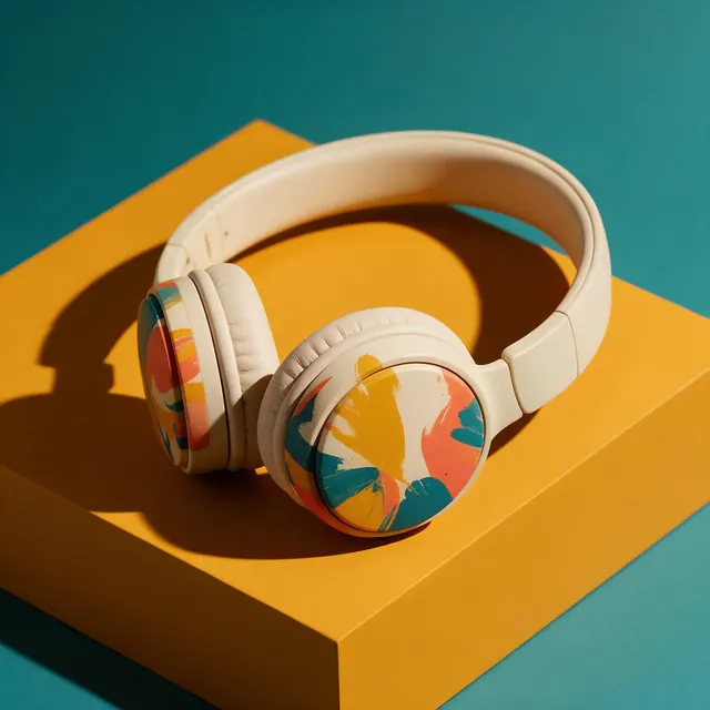 Custom headphone artwork mockup: AI-generated mockup: on-ear headphones with custom abstract artwork on the ear cups