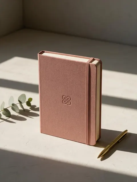 Debossed notebook editorial: AI-generated mockup: a hardcover notebook with a debossed symbol in hard sunlight