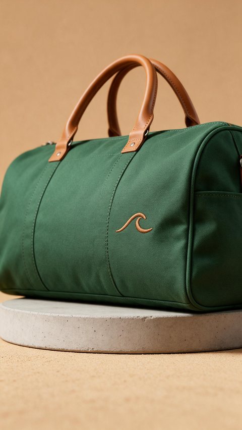 Duffel bag mockup showcase: AI-generated mockup ad: a sports duffel with an embroidered wave symbol turns on a plinth