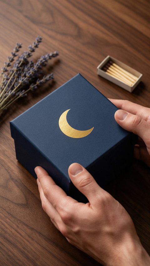 Candle box packaging unboxing: AI-generated packaging mockup: hands open a candle box printed with a crescent moon symbol