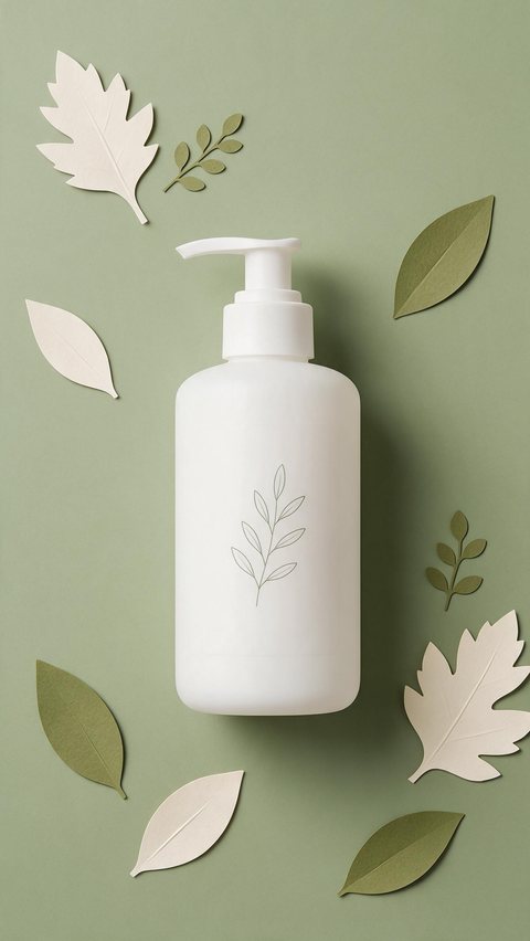 Body lotion label 2D motion: AI-generated 2D motion mockup: a lotion pump bottle with a botanical label in flat shapes