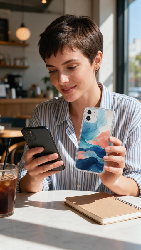 Phone case artwork mockup: AI-generated mockup ad: a creator slips on a phone case printed with wave artwork