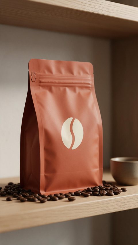 Coffee bag packaging showcase: AI-generated packaging mockup: a stand-up coffee bag with a geometric bean symbol