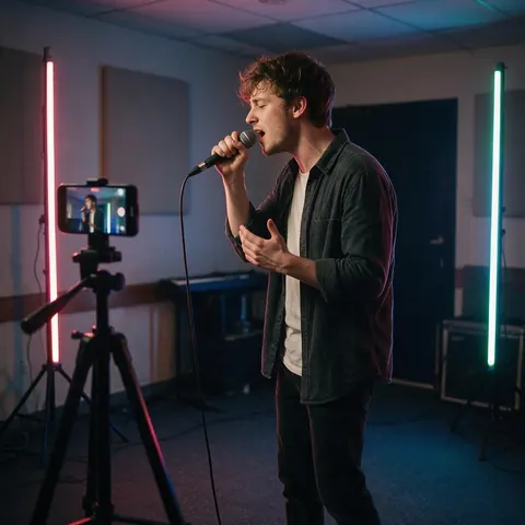 Singer performing in a rehearsal room while a tripod phone records