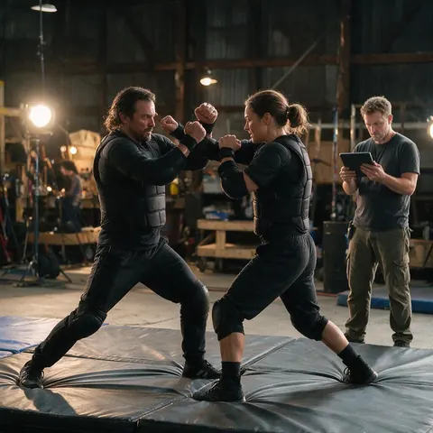 Stunt performers rehearsing a fight while a coordinator watches a tablet